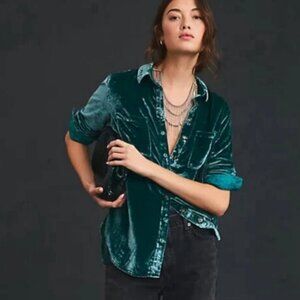Anthropologie Pilcro Hadley Velvet Shirt Teal Size M
